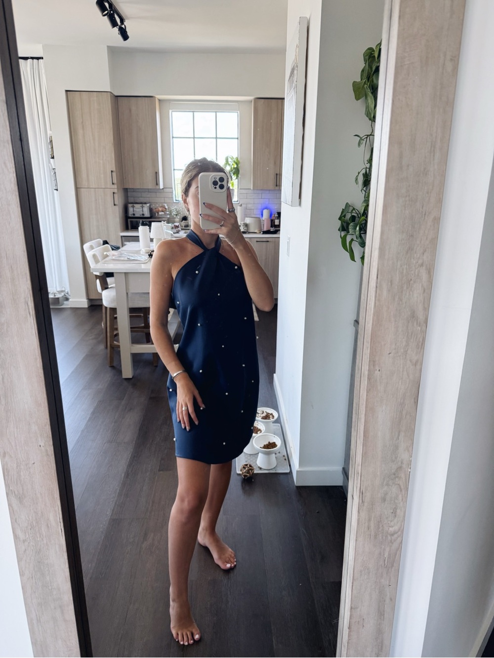 Navy Halter Shift Dress with Pearl Details (Size Small)